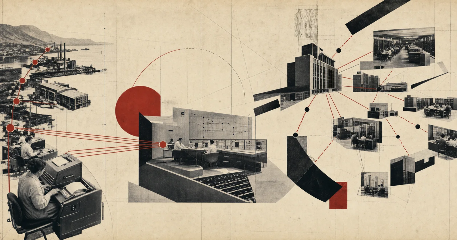 A network of telex machines and computing centres connects factories to an unfinished decision room.